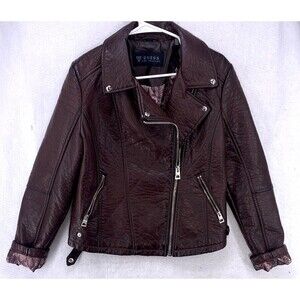 GUESS Women's Jacket Large Motorcycle Wine Faux Leather Silver Zippers Tapered